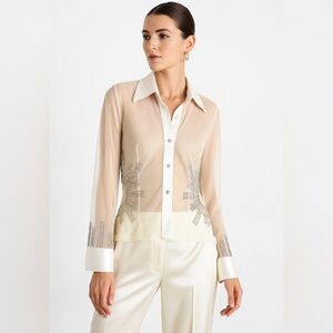 Vintage Taglia Sheer Beaded Satin Blouse Ivory Size M Long Sleeve Dressy Top